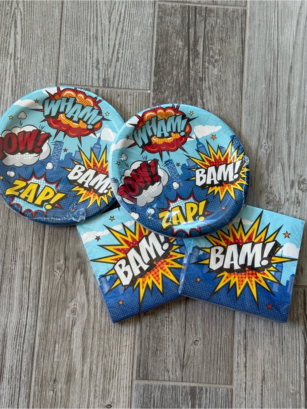 Comic Book superhero birthday Party Plates & Napkins Bright Blue POW! BAM! ZAP!